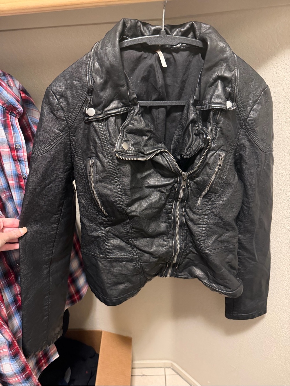 Free People Black Faux Leather Jacket with Gray Hood - Picture 8 of 10